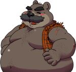  2020 anthro belly blush eyes_closed facial_hair fatyogi humanoid_hands male mammal mature_male moobs mustache obese obese_male overweight overweight_male simple_background solo ursid white_background 