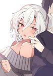  1boy 1girl alternate_costume bangs black_hair blush breasts cheek_poking eyebrows_visible_through_hair faceless faceless_male hair_between_eyes highres jewelry kantai_collection long_hair long_sleeves musashi_(kancolle) musashi_kai_ni_(kancolle) off_shoulder open_mouth poking red_eyes ring simple_background sweater upper_body wedding_band white_background white_hair yunamaro 