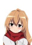  1girl aisaka_taiga artist_request bandage_on_face bandages bangs black_ribbon brown_eyes brown_hair closed_mouth commentary_request eyebrows_visible_through_hair hair_between_eyes highres jacket korean_commentary light_blush long_hair long_sleeves looking_at_viewer neck_ribbon red_scarf ribbon scarf simple_background sleeves_past_wrists smile solo split_mouth toradora! upper_body white_background white_jacket 