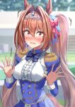  1girl absurdres animal_ears bangs blue_bow blue_jacket blue_skirt blurry blurry_background blush bow breasts brown_hair center_frills daiwa_scarlet_(umamusume) day depth_of_field eyebrows_visible_through_hair frills hair_between_eyes hair_intakes hands_up highres horse_ears horse_girl horse_tail jacket juliet_sleeves long_hair long_sleeves looking_at_viewer medium_breasts nose_blush outdoors parted_lips pleated_skirt puffy_sleeves red_eyes shaka_(staito0515) shirt skirt solo sweat tail tiara twintails umamusume very_long_hair wavy_mouth white_shirt 