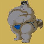  2014 anthro belly biped black_nose blush canid canine canis clothing fatyogi grey_body humanoid_hands jockstrap male mammal moobs navel nipples overweight overweight_male simple_background solo underwear wolf 