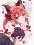  1girl :o ahoge animal_ear_fluff animal_ears black_bow black_choker black_dress blunt_bangs blush bow braid cat_ears cherry cherry_earrings cherry_hair_ornament choker commentary_request corset dress earrings extra_ears fangs food food-themed_earrings food-themed_hair_ornament from_side fruit hair_bow hair_ornament heart heart_hair_ornament jewelry kaenbyou_rin long_hair looking_at_viewer multiple_hair_bows off-shoulder_dress off_shoulder open_mouth pointy_ears raspberry red_bow red_eyes red_hair short_sleeves signature single_bare_shoulder skin_fangs solo touhou toutenkou twin_braids twitter_username upper_body watermark white_corset x_hair_ornament 