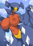  2022 4_fingers absurd_res anthro anthrofied areola ashraely bedroom_eyes big_breasts black_sclera blue_body breasts claws curvy_figure dialogue digital_media_(artwork) english_text eyelashes female fingers front_view garchomp genitals hi_res huge_breasts looking_at_viewer multicolored_body narrowed_eyes navel nintendo nipples nude pok&eacute;mon pok&eacute;mon_(species) pose pussy red_areola red_body red_nipples seductive sharp_teeth simple_background smile solo standing talking_to_viewer teeth text thick_thighs video_games voluptuous wide_hips yellow_body yellow_eyes 