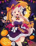  1girl artist_name black_dress blonde_hair blush breasts bright_pupils broom ciosuii cleavage diamond-shaped_pupils diamond_(shape) dress fangs halloween highres holding holding_broom jack-o&#039;-lantern large_breasts long_hair open_mouth original red_eyes smile solo symbol-shaped_pupils teeth white_pupils 