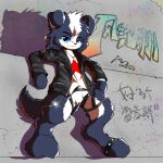1:1 against_surface against_wall alternative_fashion anthro bandage belt belt_buckle blue_eyes buckle canid canine canis chinese_text clothing countershading domestic_dog feng_ji_zhou fur glistening glistening_clothing graffiti graffiti_on_wall grey_body grey_fur hi_res jacket kemono leather leather_clothing leather_jacket leather_topwear legwear male mammal mature_anthro mature_male peakon punk rock shirt sketch solo spread_legs spreading standing standing_position t-shirt text topwear wang_jin_he