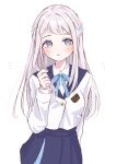  alternate_hair_length alternate_hairstyle blue_eyes blue_overskirt blue_ribbon blue_sailor_collar blue_skirt blush braid cowboy_shot gakuen_idolmaster hair_ribbon half_up_braid hatsuboshi_gakuen_school_uniform highres idolmaster jacket katsuragi_lilja long_hair long_sleeves looking_at_viewer maruno_zzz neck_ribbon ribbon ribbon_braid sailor_collar school_uniform shirt simple_background skirt very_long_hair white_background white_jacket white_shirt 