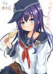  1girl absurdres akatsuki_(kancolle) anchor_symbol black_hat blue_eyes blue_sailor_collar champagne_flute clothes_pull commentary_request cup dated drinking_glass hat highres kantai_collection long_hair neckerchief ohiensis panties panties_under_pantyhose pantyhose peaked_cap puckered_lips purple_hair red_neckerchief sailor_collar school_uniform serafuku sideways_hat skirt skirt_pull solo spilling translation_request underwear white_panties 
