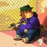  2014 anthro biped bottomwear brown_body clothing detailed_background fatyogi hat headgear headwear hoodie humanoid_hands male mammal overweight overweight_male pants sitting solo suid suina sus_(pig) topwear weapon wild_boar 