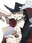  2boys beard card coat commentary_request cotton_(lana_de_lingo) crocodile_(one_piece) cross_pendant dracule_mihawk facial_hair forked_eyebrows hat_feather highres holding holding_card jewelry male_focus multiple_boys mustache one_piece ring ringed_eyes short_hair simple_background white_background yellow_eyes 