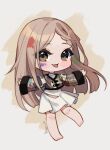  1girl bare_legs barefoot black_sleeve_cuffs blunt_ends braid brown_background brown_eyes brown_hair chibi commentary dress english_commentary eyelashes eyes_visible_through_hair grey_background happy highres hyanna-natsu jacket knees light_blush long_hair long_sleeves medium_dress multicolored_jacket open_mouth original outstretched_arms paint_in_hair paint_splatter paint_splatter_on_face patchwork_clothes pleated_skirt second-party_source signature single_braid skirt sleeves_past_wrists smile solo straight_hair sweater_jacket toes turtleneck turtleneck_dress two-tone_background very_long_hair white_dress 