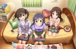  3girls arcade_stick bag bed bookshelf bottle braid brown_hair candy cellphone chocolate chocolate_bar chopsticks controller cup curtains famitsu food game_controller idolmaster idolmaster_cinderella_girls jewelry joystick long_hair magazine_(object) miyoshi_sana multiple_girls necklace phone plate playing_games purple_hair sharp_teeth smartphone smile socks soda soda_bottle sunazuka_akira table tachibana_arisu tea teacup teeth twin_braids twintails water_bottle 