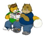  2008 anthro blush bottomwear clothing comic domestic_cat duo fatyogi felid feline felis franook male male/male mammal manga one_eye_closed overweight overweight_male pants reading shirt simple_background sitting suid suina sus_(pig) topwear white_background wild_boar wink 