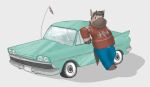  2011 anthro asinus biped bottomwear car clothing domestic_cat donkey equid equine fatyogi felid feline felis humanoid_hands male mammal pants simple_background slightly_chubby solo vehicle 