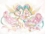  2girls 39 agonasubi angel angel_wings aqua_eyes aqua_hair bare_shoulders collaboration commentary detached_sleeves dress feathered_wings flower from_side full_body hair_flower hair_ornament halo hatsune_miku high_heels highres layered_dress legs_up long_hair looking_at_viewer looking_to_the_side lotus mayo_riyo multicolored_clothes multicolored_dress multiple_girls open_mouth outstretched_arm pink_dress pink_flower pink_footwear pink_sleeves ribbon shirt single_thighhigh sleeveless sleeveless_shirt slippers smile symmetry thighhighs twintails very_long_hair vocaloid white_background white_dress white_legwear white_sleeves wide_sleeves wings 