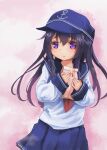  1girl akatsuki_(kancolle) anchor_symbol black_hair blue_skirt commentary_request cowboy_shot hat highres holding kantai_collection long_hair ohiensis peaked_cap pleated_skirt purple_eyes raised_inner_eyebrows school_uniform serafuku skirt sleeves_past_wrists solo 