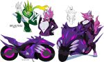 2025 absurd_res anthro big_breasts bodysuit breasts broken_zipper canid canine canis claws cleavage clothed clothing countershade_face countershade_torso countershading cyberlord1109 dialogue driving duo exposed_feet eyewear facial_scar female fur ghost_(cyberlord1109) green_clothing green_hair hair hi_res huge_breasts humanoid looking_at_viewer male mammal motorcycle motorcycle_helmet painted_claws pink_eyes pink_hair pose purple_body purple_clothing purple_fur riding_motorcycle scar scarf shadow simple_background sitting_on_vehicle skinsuit smile smiling_at_viewer sunglasses thick_thighs tight_clothing toe_claws vehicle wardrobe_malfunction white_background wide_hips wolf yellow_sclera zipper_down