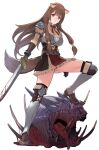  1girl animal_ears armor armored_boots belt blood blood_on_weapon boots breastplate breasts brown_belt brown_dress brown_footwear brown_gloves brown_hair commentary decapitation dress eyebrows_visible_through_hair frilled_dress frills full_body gloves highres holding holding_sword holding_weapon knee_up long_hair looking_at_viewer medium_breasts mibu_natsuki monster panties panty_peek parted_lips raccoon_ears raccoon_girl raccoon_tail raphtalia red_eyes ribbed_dress short_dress shoulder_armor sidelocks simple_background solo standing straight_hair sword tail tate_no_yuusha_no_nariagari thigh_boots thighhighs thighs underbust underwear v-shaped_eyebrows weapon white_background white_panties zettai_ryouiki 