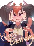  3girls air_groove_(umamusume) animal_ears artist_name black_hair black_jacket blue_jacket blush closed_eyes closed_mouth collared_shirt fuji_kiseki_(umamusume) happy heart highres holding_hands horse_ears jacket jewelry kiss kissing_cheek looking_at_viewer multiple_girls necklace nose_blush open_mouth orange_hair purple_eyes shirt smile sweat t.m._opera_o_(umamusume) umamusume upper_body v-shaped_eyebrows yuri zhu_(nitamagr) 