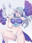  2girls absurdres blue_pussy blue_tongue breasts censored colored_pussy colored_tongue commentary_request cowboy_shot demon_girl demon_horns demon_tail duel_monster fangs fins grabbing_another's_breast grabbing_from_behind grey_hair groping hand_under_clothes head_fins highres horns kitkallos_(yu-gi-oh!) lipstick lipstick_mark lipstick_mark_on_face lipstick_mark_on_neck long_hair lovely_labrynth_of_the_silver_castle makeup multiple_girls nipples nude open_mouth pointy_ears pussy rare_lemon saliva saliva_trail spread_pussy tail tearlaments_kitkallos yu-gi-oh! yuri 