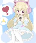 1girl :d absurdres animal_ears bangs blonde_hair blue_choker blue_dress blush_stickers cat_ear_headphones cellphone choker collarbone commentary_request copyright_request dress eyebrows_visible_through_hair fake_animal_ears feet_out_of_frame frilled_dress frills headphones headset heart highres holding holding_phone long_hair off-shoulder_dress off_shoulder phone purple_eyes rururu_(pyrk8855) smile solo spoken_emoji spoken_heart thighhighs very_long_hair virtual_youtuber white_legwear 