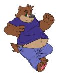  2014 anthro black_nose bottomwear brown_body brown_fur clothing fatyogi fur humanoid_hands male mammal overweight overweight_male pants shirt simple_background solo topwear ursid 