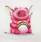 alternate_species ambiguous_gender american_greetings anthro arthropod bee belly belly_markings bumble_bee_(species) camilla_d&#039;errico care_bears cheer_bear fluffy fur glistening glistening_eyes hymenopteran insect insect_wings markings multicolored_markings pink_body pink_fur rainbow_markings sitting solo traditional_media_(artwork) wings