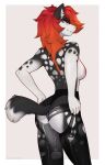 2025 5_fingers 9:14 anthro areola biped breasts butt canid canine clothed clothed_anthro clothed_female clothing countershade_torso countershading digital_media_(artwork) female fingers fur grey_body grey_fur grey_tail hair hi_res inner_ear_fluff legwear looking_at_viewer mammal markings partially_clothed partially_clothed_anthro partially_clothed_female rear_view red_eyes red_hair side_boob simple_background solo spots spotted_body spotted_fur standing sugene tail topless topless_anthro topless_female torn_clothing torn_legwear tuft