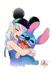  2022 absurd_res alien black_claws blue_body blue_fur blue_nose claws clothing crossover disney duo embrace experiment_(lilo_and_stitch) eyes_closed fur gawr_gura hair happy hat head_tuft headgear headwear hi_res hololive hug human lilo_and_stitch mammal mickey_ears_hat notched_ear open_mouth open_smile radicalhighway sharp_teeth small_tail smile stitch_(lilo_and_stitch) teeth tuft virtual_youtuber white_hair 
