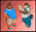  2012 anthro belly biped black_nose bottomwear brown_body canid canine canis clothing domestic_dog duo fatyogi humanoid_hands male mammal overweight overweight_male pants shirt shorts topwear ursid 