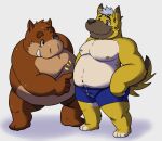  2013 anthro belly biped brown_body canid canine canis clothing domestic_dog duo fatyogi humanoid_hands male mammal moobs nipples overweight overweight_male simple_background suid suina sus_(pig) underwear wild_boar 