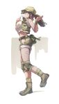  1girl bare_shoulders baseball_cap belt boots breasts brown_eyes brown_hair chewing_gum crop_top fio_germi full_body glasses hat highres huanxiang_huifeng knee_pads large_breasts long_hair looking_at_viewer metal_slug midriff navel ponytail round_eyewear short_shorts shorts simple_background solo vest white_background 