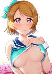  1girl aqua_bow areola_slip areolae bangs bare_shoulders berisuno_(beriberi0707) blush bow braid breasts breasts_apart brown_hair cheerleader clothes_lift collarbone commentary_request eyebrows_visible_through_hair gradient gradient_background hair_bow hair_ribbon highres koizumi_hanayo lifted_by_self looking_at_viewer love_live! love_live!_school_idol_project medium_breasts navel no_bra parted_lips purple_eyes ribbon sailor_collar shirt_lift short_hair simple_background sleeveless solo sparkle sweat underboob upper_body white_background wrist_cuffs 