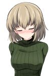  1girl absurdres aikir_(jml5160) bangs blonde_hair blush bob_cut casual closed_mouth eyebrows_visible_through_hair facing_viewer frown girls_und_panzer highres katyusha_(girls_und_panzer) older ribbed_sweater short_hair simple_background solo sweater upper_body white_background 