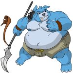  2018 anthro belly blue_body bottomwear bulge canid canine canis clothing domestic_dog fatyogi humanoid_hands male mammal moobs nipples overweight overweight_male shorts simple_background solo weapon 