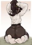  1girl ? absurdres adjusting_hair ass baseball_cap black_pantyhose breasts brown_hair caloart30 feet from_behind green_eyes hat high_ponytail highres indie_virtual_youtuber kara_wilderwood looking_at_viewer looking_back loose_socks medium_breasts no_shoes pantyhose ponytail ribbed_socks shorts socks soles solo toes virtual_youtuber white_socks 