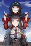  2girls absurdres animal_ear_fluff animal_ears astra_yao black_hair black_necktie black_skirt blue_sky blunt_bangs breasts cloud dress ear_fondling earrings fox_ears fox_girl grabbing_another&#039;s_ear green_jacket hairband hand_on_another&#039;s_ear highres holding_by_the_ears holding_ears hoshimi_miyabi id_card jacket jewelry large_breasts long_hair long_sleeves multiple_girls necktie red_eyes shirt sidelocks skirt sky telepurte white_dress white_hairband white_shirt zenless_zone_zero 