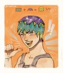  ! !! 1girl ? ?? collarbone foo_fighters green_hair green_lips grey_eyes hat headband jojo_no_kimyou_na_bouken mm_jjba open_mouth pointing pointing_at_self portrait short_hair signature smile solo stone_ocean twitter_username 