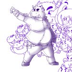  2013 anthro belly biped bottomwear clothing fatyogi group humanoid_hands male mammal overweight overweight_male pants shirt simple_background suid suina sus_(pig) topwear white_background wild_boar 