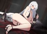  1girl absurdres alcohol ass bare_arms bare_legs bare_shoulders black_one-piece_swimsuit black_sandals blue_eyes blush bottle breasts cleavage commission criss-cross_halter drunk dutch_angle feather_boa feet halterneck high_heels highres large_breasts legs long_hair looking_at_viewer nose_blush one-piece_swimsuit original sandals second-party_source sitting solo spaghetti_strap strappy_heels swimsuit thigh_strap thighs toes very_long_hair w.k wet white_hair yokozuwari 