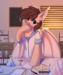  alphadesu ambiguous_gender bat_pony bat_wings blue_eyes brown_hair clothing coat equid feral fur hair hasbro hi_res inner_ear_fluff lab_coat mammal membrane_(anatomy) membranous_wings my_little_pony paper pen potion science solo tan_body tan_fur tongue tongue_out topwear tuft window wings 