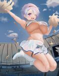  1girl arms_up azur_lane blue_sky boots breasts cheerleader cloud fireworks garter_straps high_heels highres jumping knee_boots large_breasts miniskirt open_mouth outdoors pom_pom_(cheerleading) purple_eyes purple_hair reno_(azur_lane) short_hair skirt sky stadium stomach sweat underboob uniform vanhot 