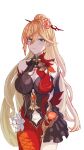  1girl absurdres bangs bianka_durandal_ataegina bianka_durandal_ataegina_(dea_anchora) blonde_hair blue_eyes breasts cleavage closed_mouth dress flower hair_flower hair_ornament highres honkai_(series) honkai_impact_3rd kabuto_tong long_hair navel ponytail red_dress simple_background sleeveless sleeveless_dress solo white_background white_flower 