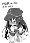  1girl absurdres akatsuki_(kancolle) blush clenched_hands commentary_request drooling greyscale hat heavy highres kantai_collection long_hair monochrome neckerchief ohiensis peaked_cap school_uniform serafuku solo sweat upper_body 