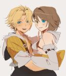  1boy 1girl arms_around_waist blonde_hair blue_eyes breasts brown_hair cropped_jacket detached_sleeves final_fantasy final_fantasy_x green_eyes happy hat_babo heterochromia highres hood hug korean_commentary short_hair sideboob smile tidus yuna_(ff10) 
