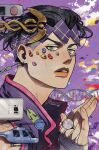  1boy aircraft bandaged_hand bandages black_hair cellphone dna earrings from_side green_eyes headband helicopter jewelry jojo_no_kimyou_na_bouken kishibe_rohan kishibe_rohan_wa_ugokanai looking_at_viewer male_focus mm_jjba phone portrait purple_vest ring signature smartphone solo twitter_username vest 