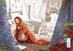  1girl arrancari black_hair blue_boots boots carpet colorized dress facing_viewer looking_at_viewer mori_kaoru otoyomegatari pillow russian_text tileke wrapping yellow_eyes 