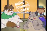  2012 anthro belly biped blush canid canine clothing eyes_closed fatyogi felid group hat headgear headwear jakegr_(character) male mammal moobs overweight overweight_male parody raccoon_dog ruick shirokuma_cafe suid suina sus_(pig) tanuki text wild_boar 