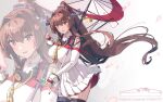  1girl bottle breasts brown_hair character_name cherry_blossoms clothing_cutout collar flower hair_flower hair_intakes hair_ornament headgear high-waist_skirt highres himeyamato holding holding_bottle holding_umbrella huge_breasts kantai_collection long_hair long_sleeves metal_collar miniskirt oil-paper_umbrella pleated_skirt ponytail ramune red_eyes sakuramon shirt shoulder_cutout sidelocks skirt solo umbrella very_long_hair white_shirt white_skirt yamato_(kancolle) yamato_kai_ni_(kancolle) 