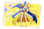  1girl adapted_costume alternate_costume asymmetrical_legwear blonde_hair cape commentary_request cure_etoile dress earrings eyelashes happy hat high_heels highres hugtto!_precure jewelry kagayaki_homare long_hair looking_at_viewer magical_girl matatabi_(karukan222) one_eye_closed ponytail precure side_ponytail smile solo standing star_(symbol) star_earrings witch witch_hat yellow_dress yellow_eyes yellow_theme 