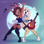 anthro brown_body brown_fur brown_hair canid canine clothing clothing_around_waist denim denim_clothing denim_topwear denim_vest digitigrade duo electronics eyes_closed female full_body_suit fur garter_belt garter_straps guitar hair hi_res lagomorph legwear long_hair looking_at_another mammal microphone musical_instrument one-piece_swimsuit open_mouth orange_eyes plucked_string_instrument psicoyote raised_arms short_hair standing stockings string_instrument swimwear tail topwear vest white_body white_fur white_hair